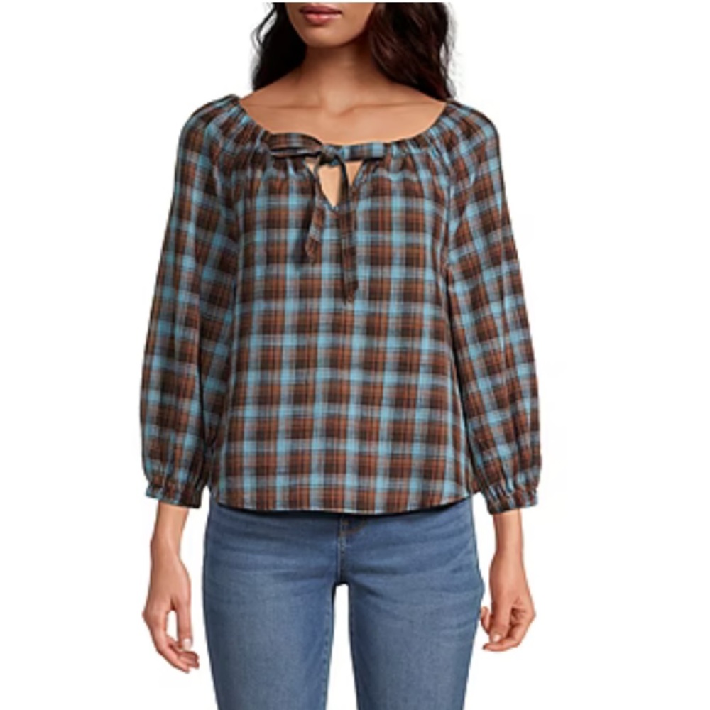 a.n.a Womens Tie Neck Long Sleeve Blue Brown Plaid Top
